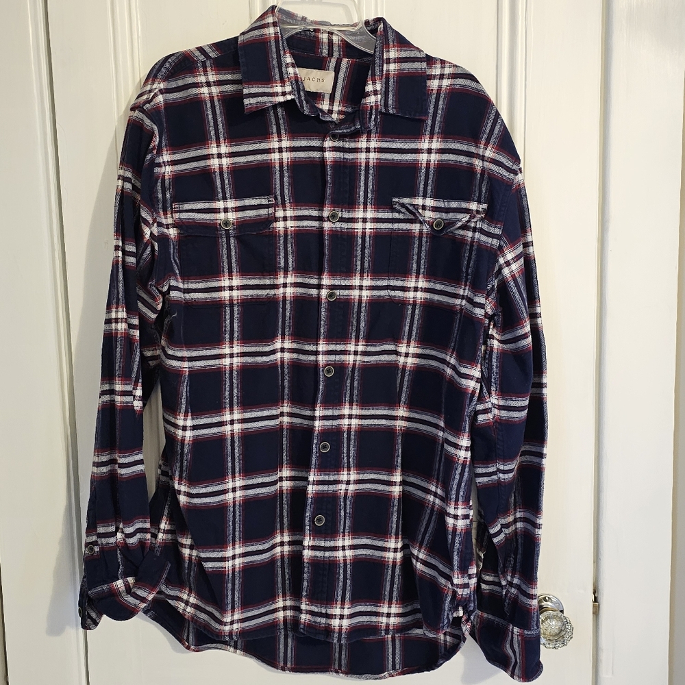 Jachs Men’s XLT Brawny Flannel Shirt Blue Red Plaid Heavy Cotton Shacket EUC